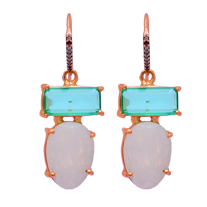 Apatite Rainbow Moonstone 925 Sterling Silver Gold Plated Dangle Earrings