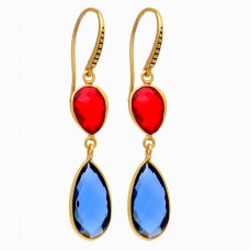 Pear Shape Blue Fanta Color Quartz Gemstone 925 Silver Gold Plated Earrings