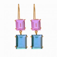 Rectangle Shape Pink Kunznite Blue Quartz 925 Silver Gold Plated Stud Earrings