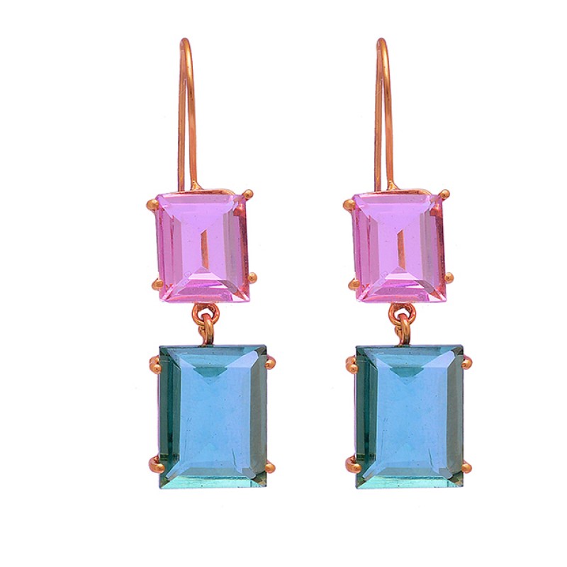 Rectangle Shape Pink Kunznite Blue Quartz 925 Silver Gold Plated Stud Earrings