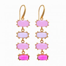 Rectangle Shape Chalcedony Pink Quartz Crystal Gold Plated Dangle Earrings