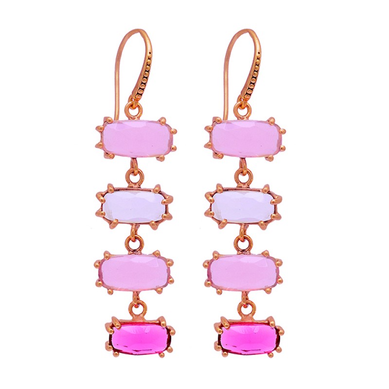 Rectangle Shape Chalcedony Pink Quartz Crystal Gold Plated Dangle Earrings