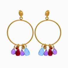 Pear Drops Shape Multi Color Gemstone 925 Silver Gold Plated Stud Earrings