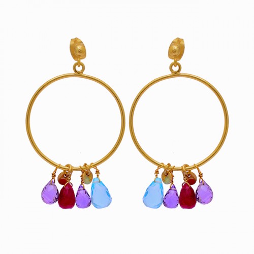 Pear Drops Shape Multi Color Gemstone 925 Silver Gold Plated Stud Earrings