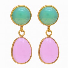 Opal Rose Chalcedony Gemstone 925 Sterling Silver Gold Plated Stud Earrings