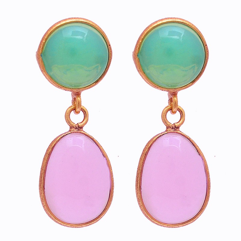 Opal Rose Chalcedony Gemstone 925 Sterling Silver Gold Plated Stud Earrings