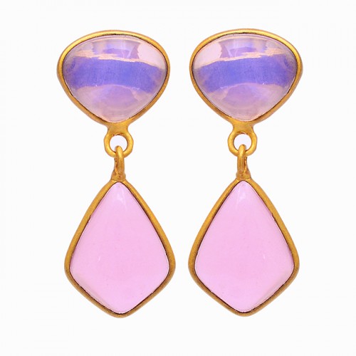 925 Sterling Silver Moonstone Rose Chalcedony Gemstone Gold Plated Earrings