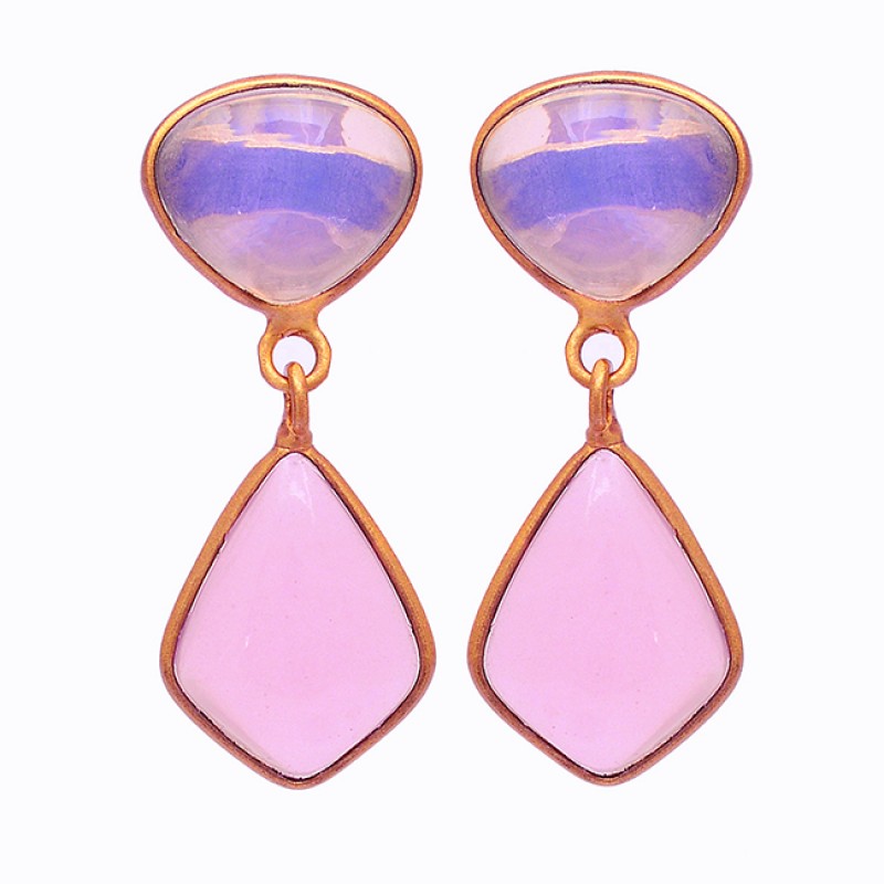 925 Sterling Silver Moonstone Rose Chalcedony Gemstone Gold Plated Earrings