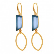 Blue Quartz Rectangle Shape Gemstone 925 Sterling Silver Gold Plated Earrings