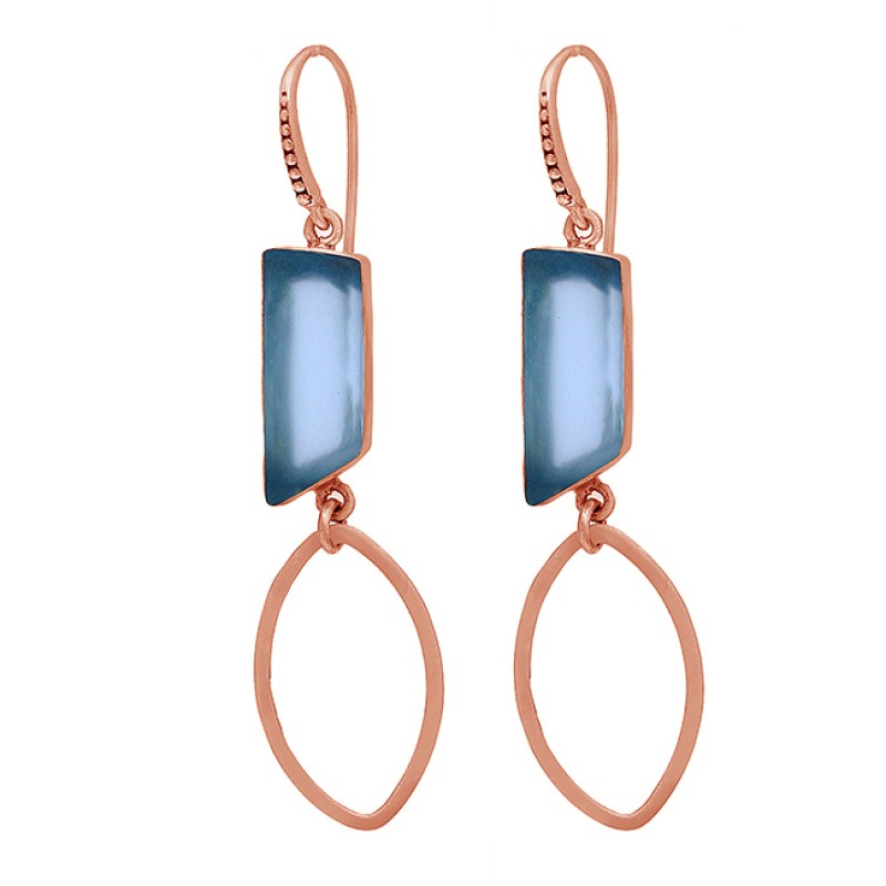 Blue Quartz Rectangle Shape Gemstone 925 Sterling Silver Gold Plated Earrings