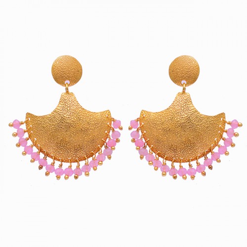Rose Chalcedony Roundel Beads Shape Gemstone Gold Plated Stud Earrings