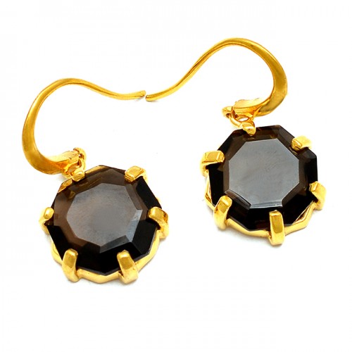 Smoky Quartz Hexagon Gemstone Prong Setting Handmade Sterling Silver Gold Plated Dangle Earrings 