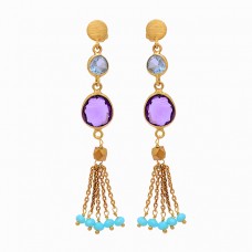 Blue Topaz Amethyst Chalcedony Gemstone 925 Silver Gold Plated Earrings