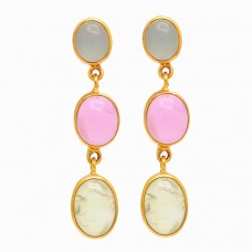 925 Sterling Silver Chalcedony Gemstone Gold Plated Dangle Stud Earrings