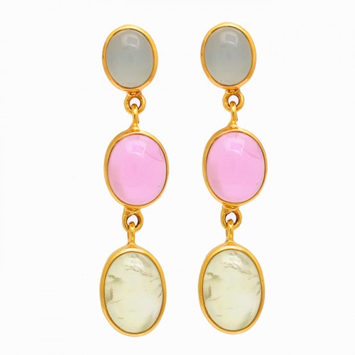925 Sterling Silver Chalcedony Gemstone Gold Plated Dangle Stud Earrings