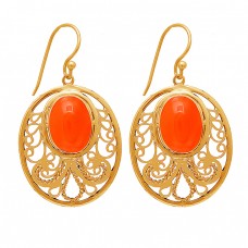 Oval Shape Carnelian Gemstone 925 Sterling Silver Gold Plated Dangle Earrings