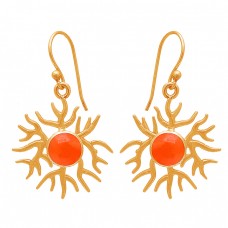 Round Shape Carnelian Gemstone 925 Sterling Silver Gold Plated Earrings
