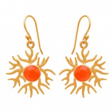 Round Shape Carnelian Gemstone 925 Sterling Silver Gold Plated Earrings