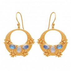 Oval Shape Rainbow Moon Stone 925 Sterling Silver Gold Plated Dangle Earrings : Price $16.50