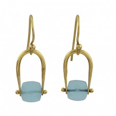 Aqua Chalcedony Square Shape Gemstone 925 Silver Gold Plated Dangle Earrings