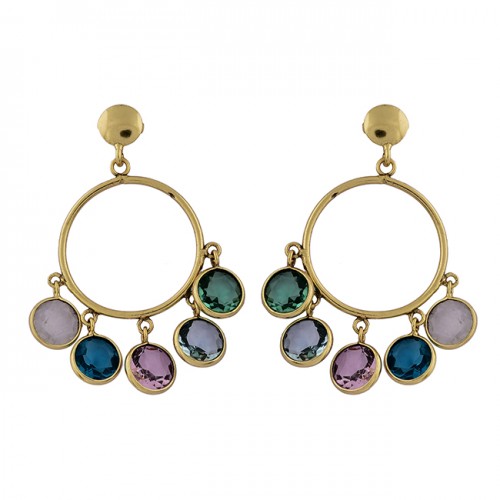 Round Shape Multi Color Gemstone 925 Sterling Silver Gold Plated Stud Earrings
