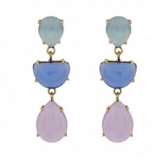 Prong Setting Chalcedony Gemstone 925 Sterling Silver Gold Plated Stud Earrings