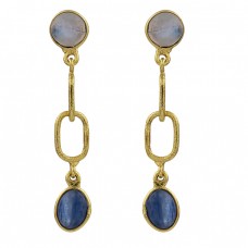 Moonstone Blue Kyanite Oval Shape Gemstone 925 Silver Gold Plated Earrings