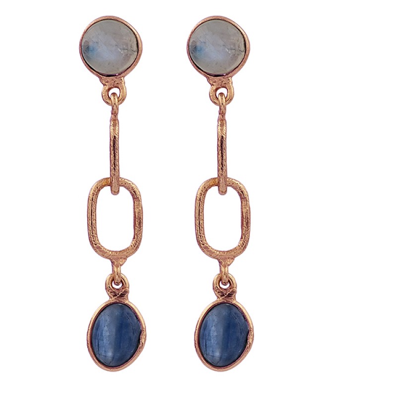 Moonstone Blue Kyanite Oval Shape Gemstone 925 Silver Gold Plated Earrings