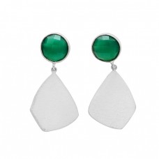 Handcrafted Green Onyx Round Shape Gemstone 925 Sterling Silver Gold Plated Dangle Stud Earrings 