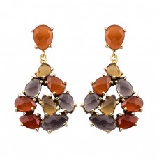 Carnelian Citrine Smoky Quartz Gemstone 925 Silver Gold Plated Stud Earrings