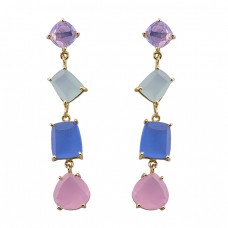 925 Sterling Silver Chalcedony Moonstone Gold Plated Stud Dangle Earrings
