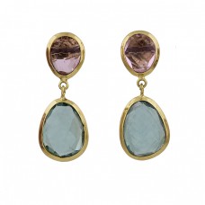 Amethyst Aquamarine Gemstone 925 Sterling Silver Gold Plated Stud Earrings