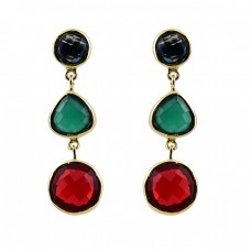 925 Sterling Silver Onyx Quartz Gemstone Gold Plated Stud Dangle Earrings