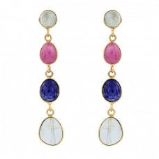 Aquamarine Ruby Sapphire Gemstone 925 Sterling Silver Gold Plated Earrings