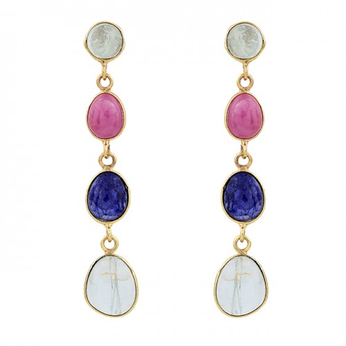 Aquamarine Ruby Sapphire Gemstone 925 Sterling Silver Gold Plated Earrings