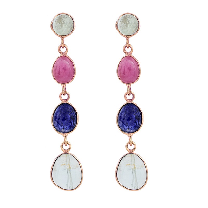 Aquamarine Ruby Sapphire Gemstone 925 Sterling Silver Gold Plated Earrings