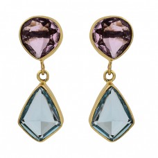 Amethyst Blue Topaz Gemstone 925 Sterling Silver Gold Plated Stud Earrings