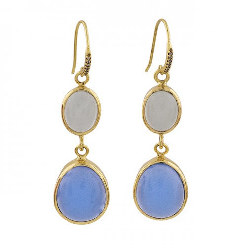925 Sterling Silver Moonstone Chalcedony Gemstone Gold Plated Dangle Earrings