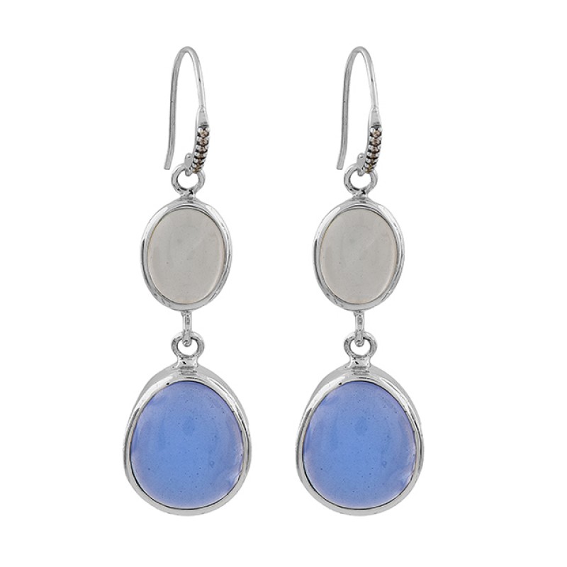 925 Sterling Silver Moonstone Chalcedony Gemstone Gold Plated Dangle Earrings