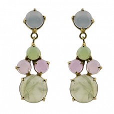 Prong Setting Chalcedony Gemstone 925 Sterling Silver Gold Plated Earrings