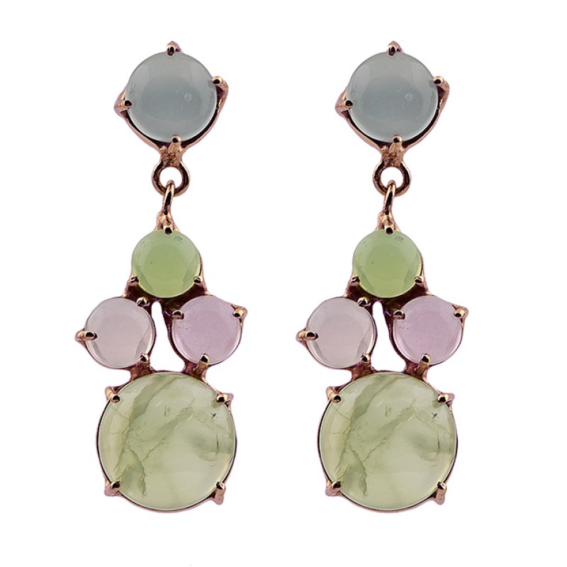 Prong Setting Chalcedony Gemstone 925 Sterling Silver Gold Plated Earrings