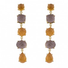 Citrine Smoky Quartz Gemstone 925 Sterling Silver Gold Plated Stud Earrings