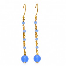 Designer Hanging Chain Dangle Earrings Blue Chalcedony Gemstone 925 Silver Gold Plated Jewelry