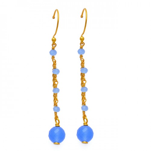 Designer Hanging Chain Dangle Earrings Blue Chalcedony Gemstone 925 Silver Gold Plated Jewelry