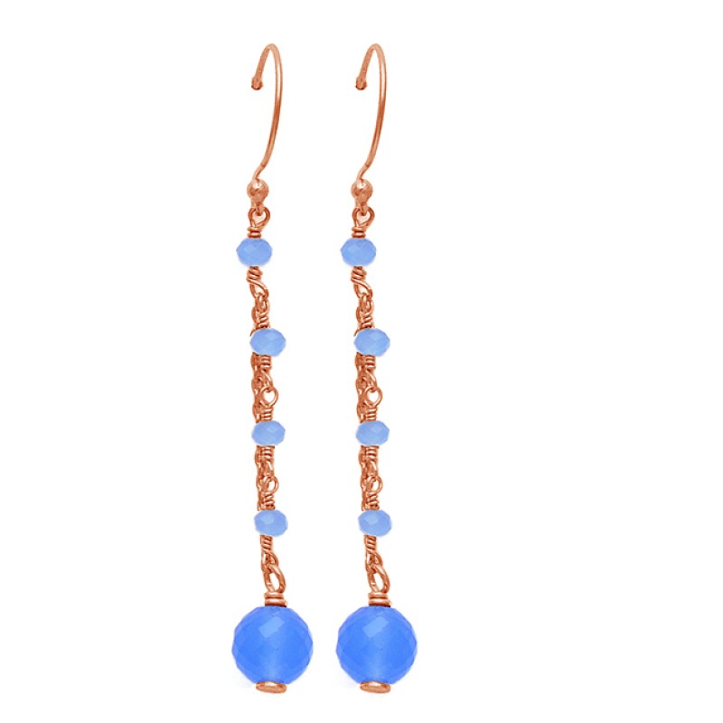 Designer Hanging Chain Dangle Earrings Blue Chalcedony Gemstone 925 Silver Gold Plated Jewelry