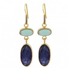 Moonstone Lapis Lazuli Gemstone 925 Sterling Silver Gold Plated Dangle Earrings