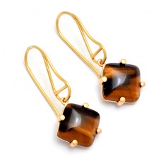 Square Shape Tiger Eye Gemstone 925 Sterling Silver Gold Plated Earrings