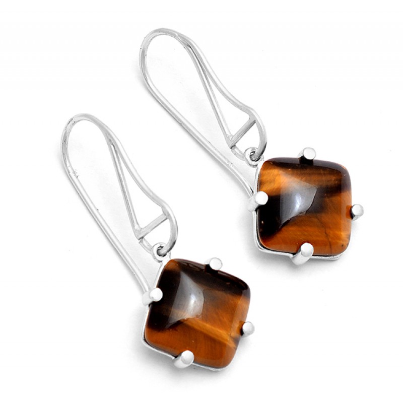 Square Shape Tiger Eye Gemstone 925 Sterling Silver Gold Plated Earrings