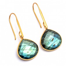 Heart Shape Labradorite Gemstone 925 Sterling Silver Gold Plated Earrings