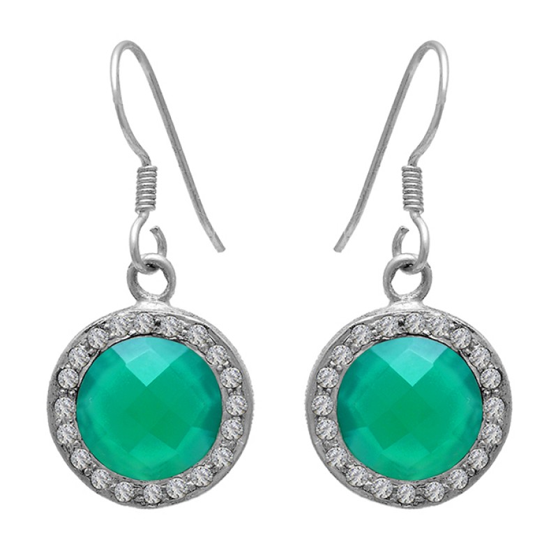 Green Onyx Cubic Zirconia Gemstone 925 Sterling Silver Dangle Earrings